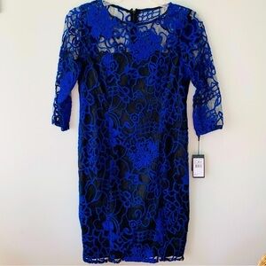 Adrianna Papell Juliet Lace Pleated Sheath Dress Blue Black Size 10P NWT